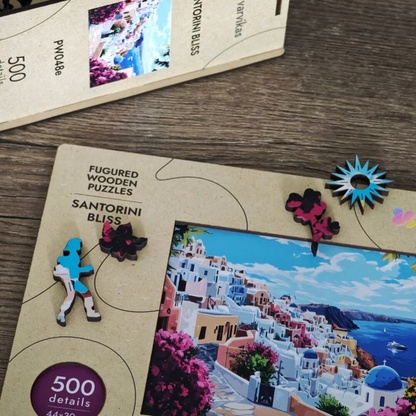 Drewniane puzzle Santorini Bliss Värvikas PW048e – pudełko Figured Wooden Puzzles Santorini Bliss PW048e z figurkowymi elementami: tancerz, kwiat, słońce na wierzchu
