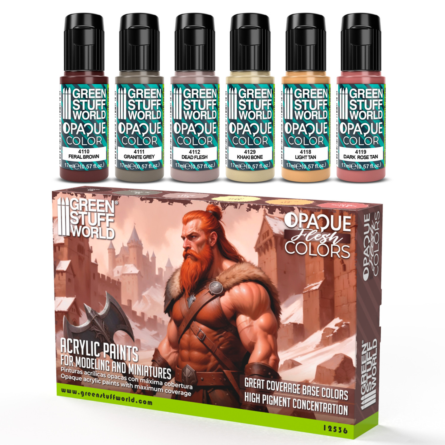 Zestaw farb Green Stuff World Opaque Paint Set Flesh Colours 12536 - 6 kryjących farb akrylowych Feral Brown Granite Grey Dead Flesh Khaki Bone Light Tan Dark Rose Tan do malowania skóry figurek - Green Stuff World
