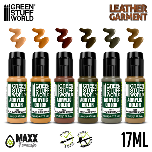 Green Stuff World Paint Set Leather Garment 10119 - paleta 6 kolorów akrylowych Maxx Formula 17ml z próbkami - Sun Bleached Bone Leather Brown Bestial Brown Overlord Olive English Field Brown Redwood Brown - Green Stuff World
