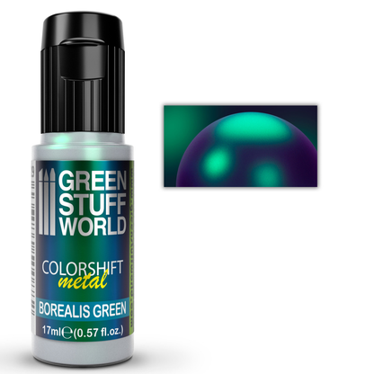Green Stuff World Borealis Green Colorshift Metal 1729 17ml - butelka farby kameleon z próbką efektu zmiany koloru z zielonego na fioletowy - Green Stuff World
