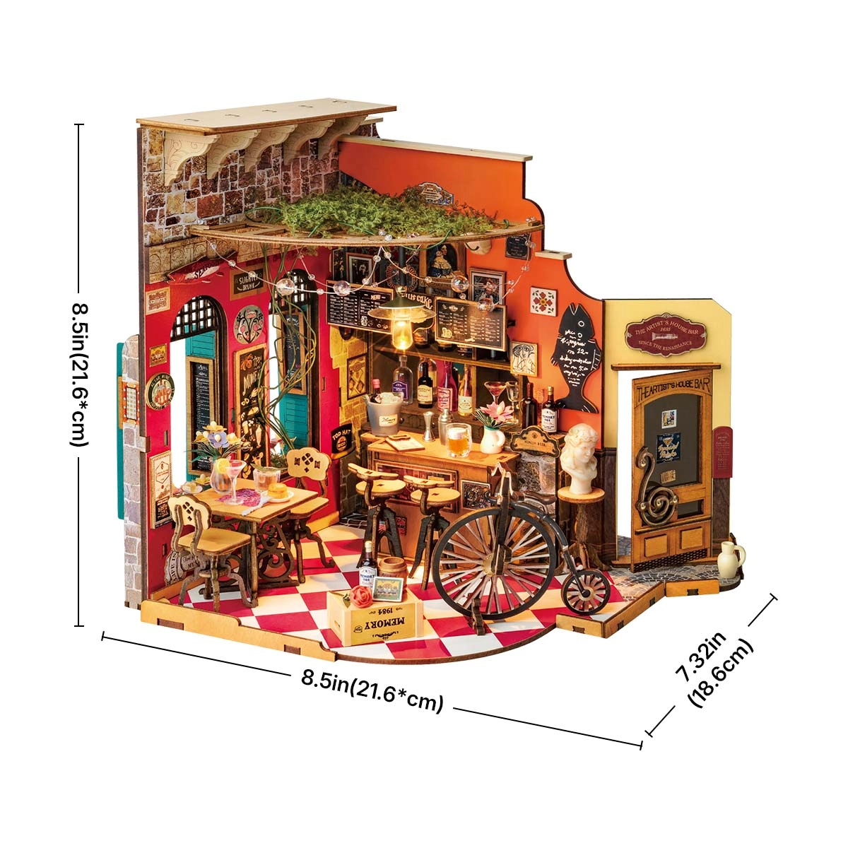Bar i Restauracja Cheers DG173e - wymiary modelu 21,6x18,6x21,6 cm białe tło rower girlanda żarówek mozaikowa podłoga LED - Värvikas
