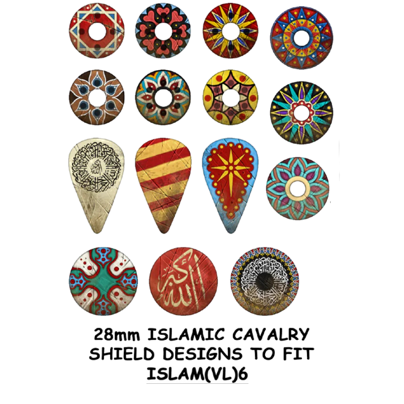 Islamic Cavalry Shield Designs ISLAM(VL)6 – pełny arkusz naklejek na tarcze islamskiej kawalerii 28mm Victrix
