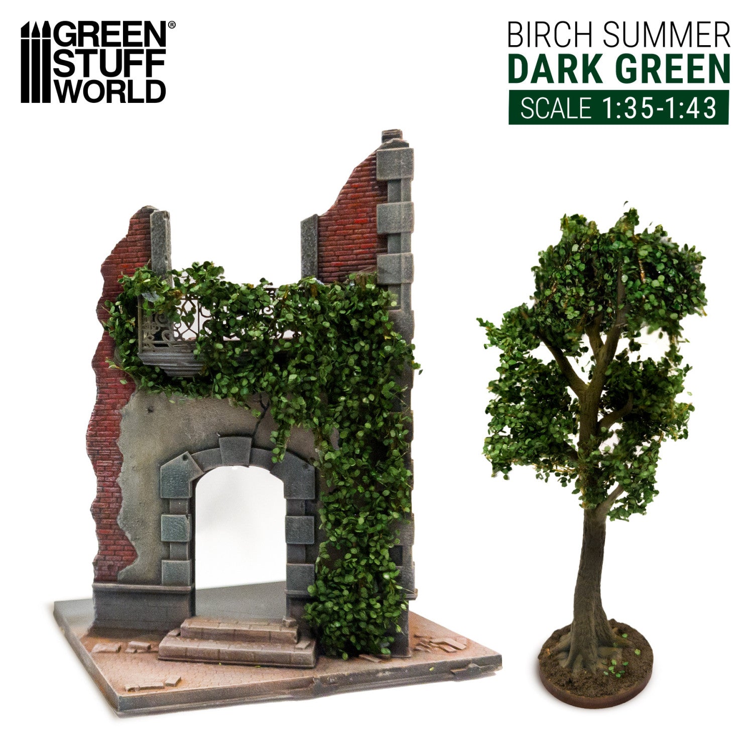 Ivy Foliage Dark Green Birch Large GSW - miniaturowe drzewo brzozowe i ruiny obrosłe ciemnym bluszczem w skali 1:35-1:43