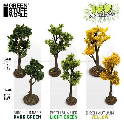 Ivy Foliage GSW Birch - porównanie rozmiarów i kolorów: Birch Summer Dark Green, Light Green i Birch Autumn Yellow w skalach 1:35 i 1:72