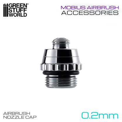 Green Stuff World 0.2mm Airbrush Nozzle Cap Mobius – chromowany kapturek ochronny dyszy 0.2mm z uszczelką i gwintem na białym tle z logo
