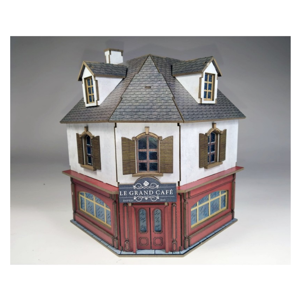 Le Grand Café 28mm – widok z przodu na szarym tle, detal elewacji, SceneryWargames
