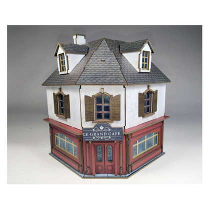 Le Grand Café 28mm – widok z przodu na szarym tle, detal elewacji, SceneryWargames
