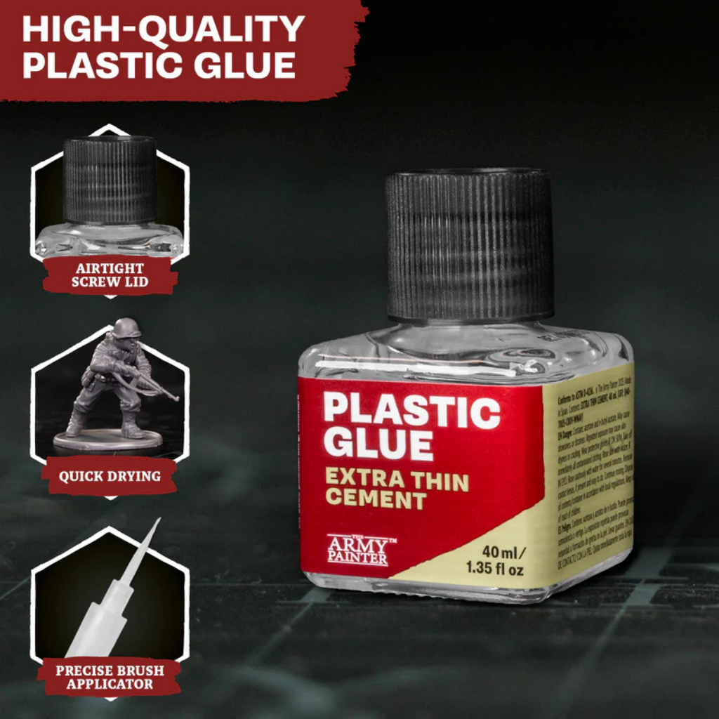 The Army Painter Plastic Glue Extra Thin Cement - Kapilarny Klej do Plastiku 40ml GL2015P – cechy: szczelna zakrętka, szybkie schnięcie, precyzyjny aplikator pędzelkowy