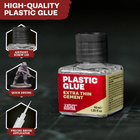 The Army Painter Plastic Glue Extra Thin Cement - Kapilarny Klej do Plastiku 40ml GL2015P – cechy: szczelna zakrętka, szybkie schnięcie, precyzyjny aplikator pędzelkowy