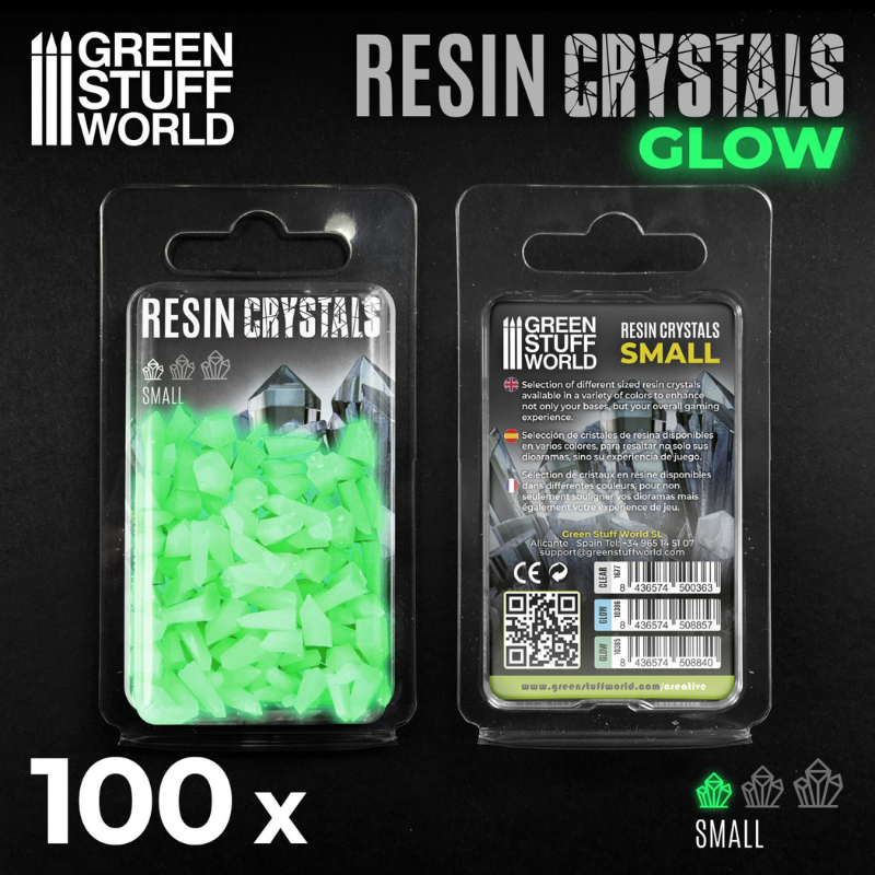GREEN GLOW Resin Crystals Small Green Stuff World 10385 – blister 100 zielonych kryształów żywicznych Small, przód i tył opakowania z EAN 8436574508840
