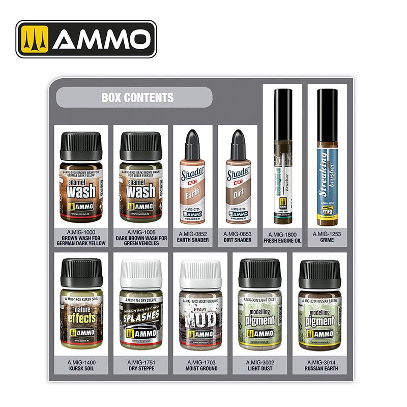 AMMO Super Pack Kursk Weathering A.MIG-7816 – zawartość zestawu: 11 produktów do weatheringu: wash, shader, pigmenty, efekty błota, splashes, streaking brusher i fresh engine oil
