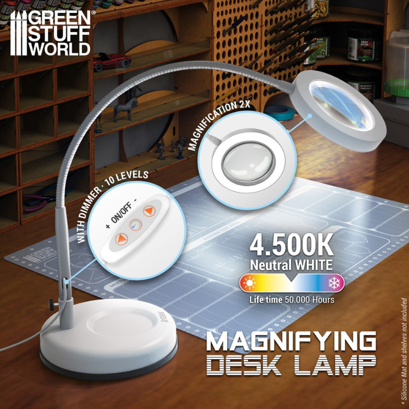 Magnifying Desk Lamp Faded White - lampa na stole modelarskim z matą silikonową GSW | Green Stuff World

