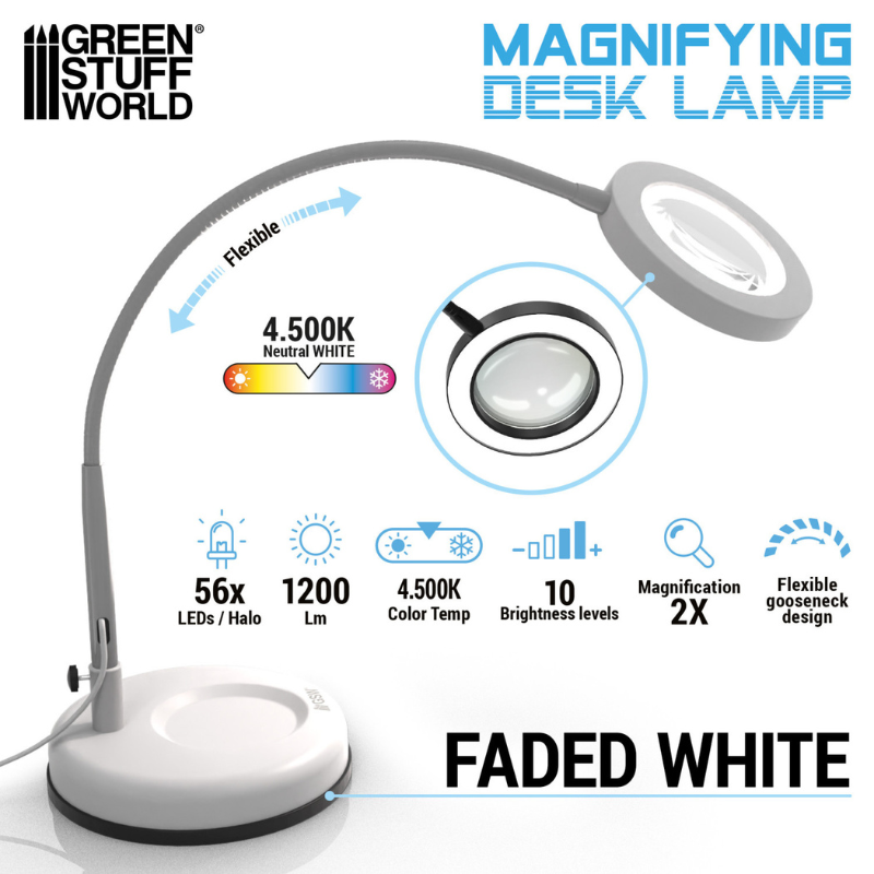 Magnifying Desk Lamp Faded White - infografika: 56 LED, 1200lm, 4500K, 10 poziomów, powiększenie 2x, elastyczne ramię | Green Stuff World
