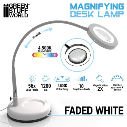 Magnifying Desk Lamp Faded White - infografika: 56 LED, 1200lm, 4500K, 10 poziomów, powiększenie 2x, elastyczne ramię | Green Stuff World
