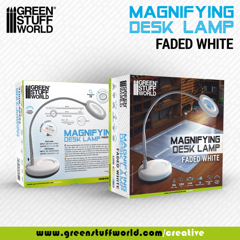 Magnifying Desk Lamp Faded White - opakowanie przód i tył z parametrami technicznymi | Green Stuff World
