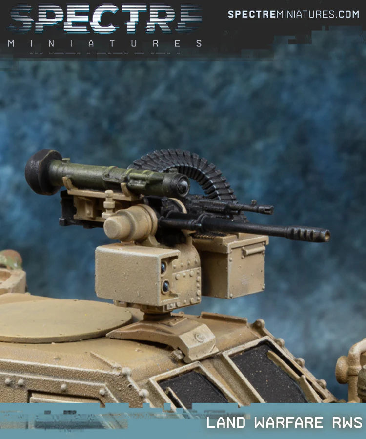 RWS Land Warfare Spectre Miniatures – zdalnie sterowana wieżyczka z systemem Javelin i taśmą amunicyjną, widok z boku
