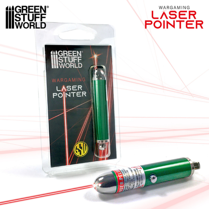 Laser Pointer 1910 Green Stuff World – zielony wskaźnik laserowy w opakowaniu i wyjęty z opakowania z czerwoną wiązką laserową
