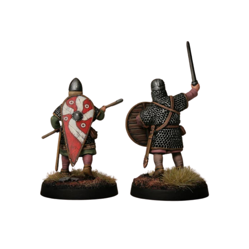 Figurki Sasów 28mm z naklejkami na tarcze Late Saxon Shield Designs – wzory krzyżowe z tyłu
