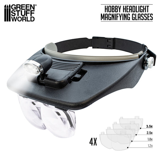 Hobby Headlight Magnifying Glasses Green Stuff World – nagłowna lupa z oświetleniem LED i regulowaną opaską, 4 wymienne soczewki powiększające: 1.2x, 1.8x, 2.5x, 3.5x, widok z przodu na białym tle
