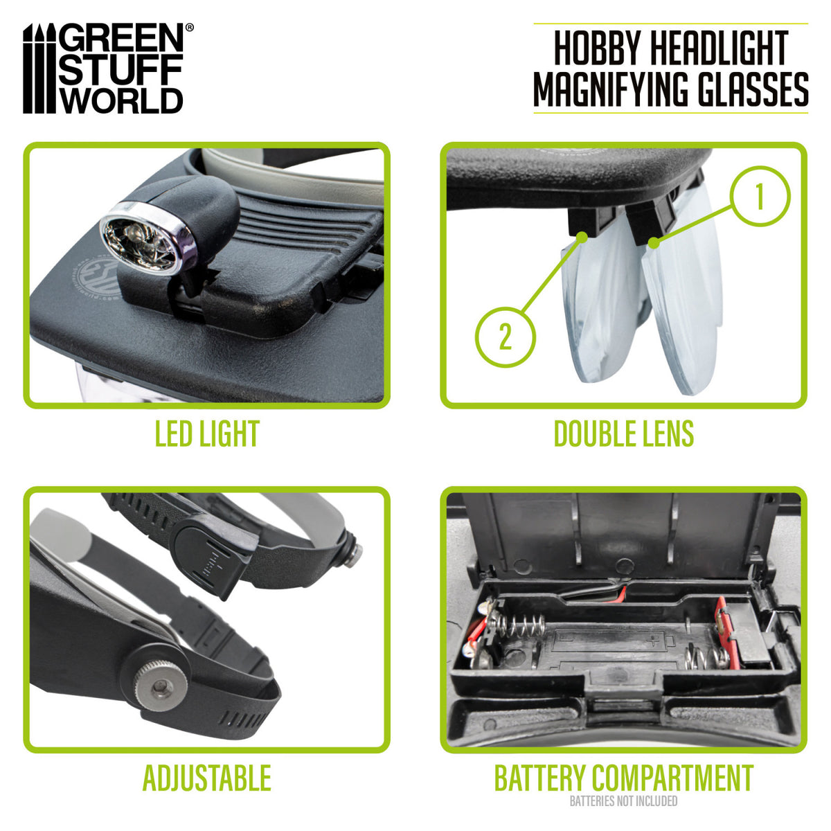 Hobby Headlight Magnifying Glasses Green Stuff World – infografika z 4 detalami: dioda LED z regulacją kąta, podwójny system soczewek (Double Lens), regulowana opaska (Adjustable), komorka na baterie AAA (Battery Compartment – Batteries Not Included)
