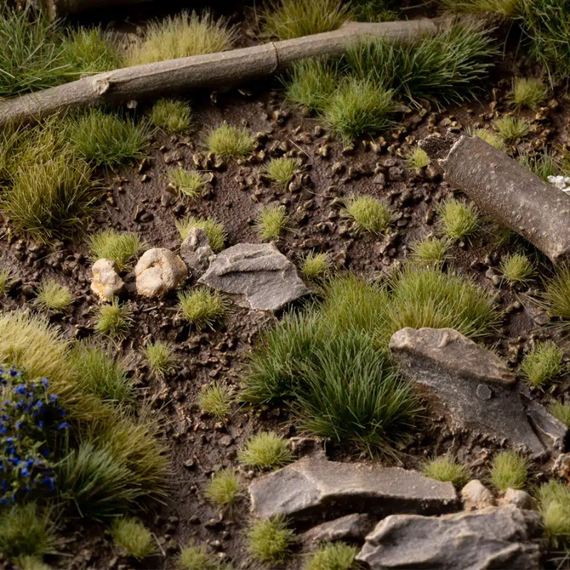 Tiny Light Green Special Tufts Gamers Grass - tufty 2mm młoda zieleń diorama z pniem i skałami - Gamers Grass