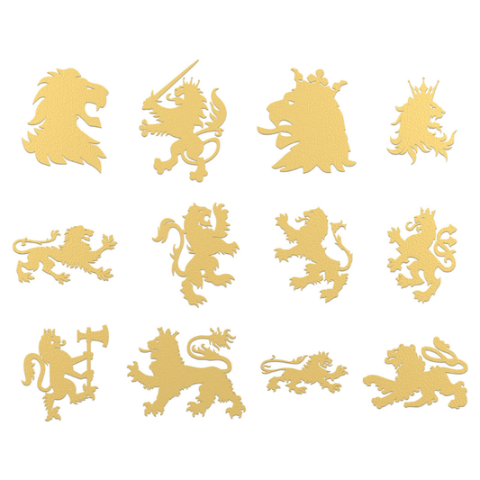 English Lion Symbols 2466 Green Stuff World – 12 wzorów symboli lwa angielskiego złotych na białym tle widok renderowany
