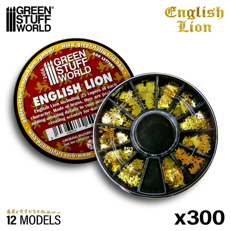 English Lion Symbols 2466 Green Stuff World – okrągłe opakowanie z 300 symbolami lwa angielskiego podzielonymi na 12 przegródek
