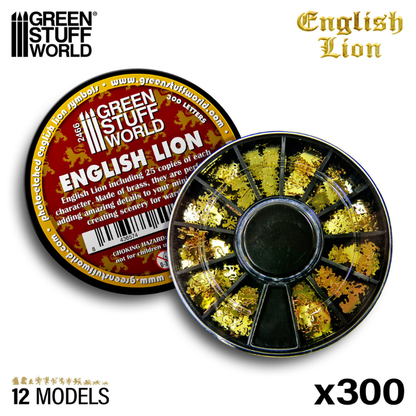 English Lion Symbols 2466 Green Stuff World – okrągłe opakowanie z 300 symbolami lwa angielskiego podzielonymi na 12 przegródek
