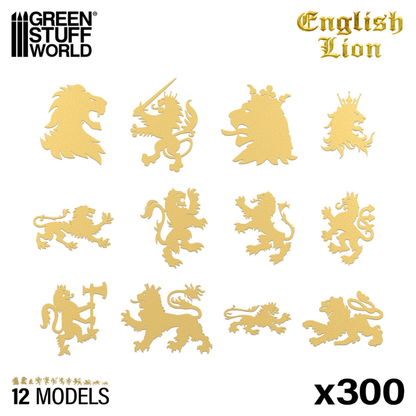 English Lion Symbols 2466 Green Stuff World – 12 wzorów symboli lwa angielskiego z mosiądzu na białym tle
