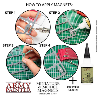 The Army Painter TL5038 – instrukcja montażu magnesu w figurce: 4 kroki – wiercenie, klej, magnes, powtórzenie po drugiej stronie
