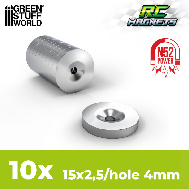 Green Stuff World 12595 – opakowanie Neodymium Magnets 15x2,5mm with Hollow 10 szt. N52 RC, magnesy do samochodów RC
