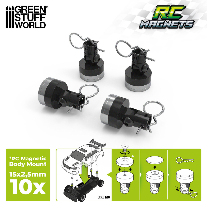 Green Stuff World 12595 – zastosowanie magnesów 15x2,5mm jako body mount w samochodzie RC 1/10, schemat montażu
