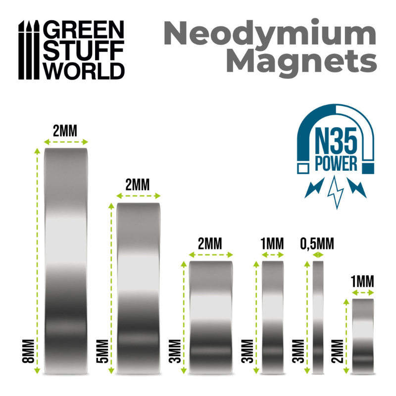 Green Stuff World – porównanie rozmiarów magnesów neodymowych GSW: 2x1mm, 3x1mm, 3x2mm, 5x2mm, 8x2mm
