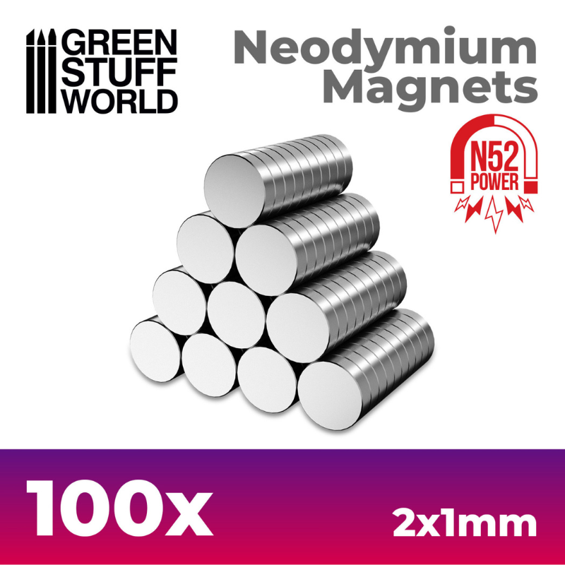 Green Stuff World 11600 – opakowanie Neodymium Magnets 2x1mm 100 szt. N52, magnesy neodymowe do figurek wargaming
