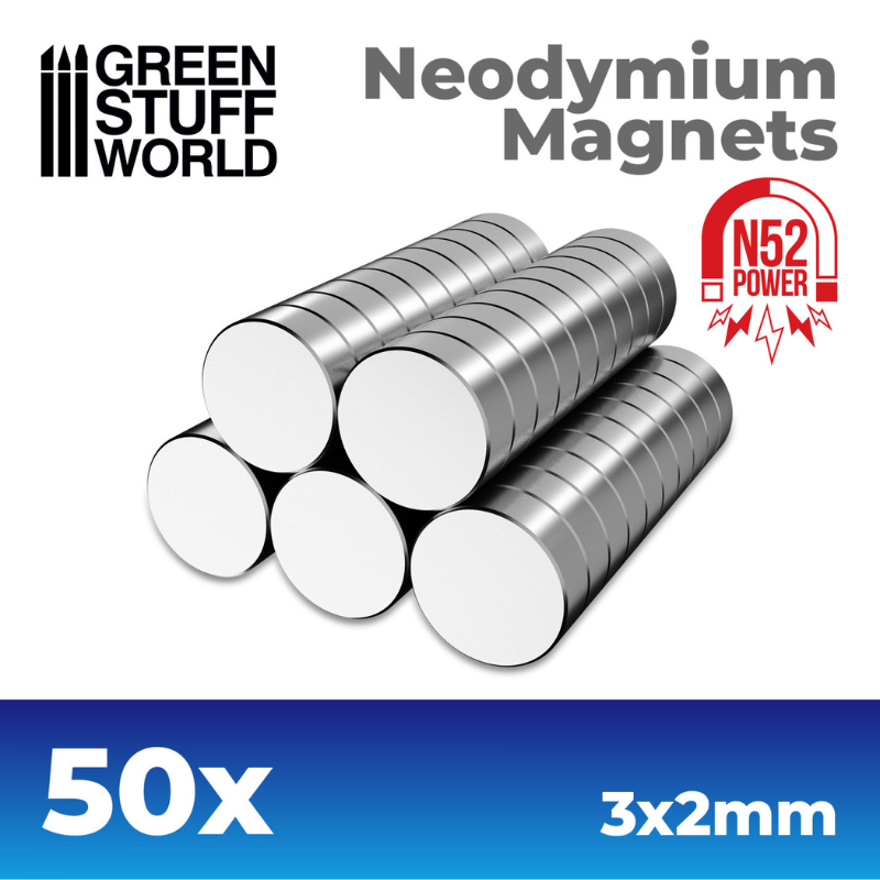 Green Stuff World 9260 – opakowanie Neodymium Magnets 3x2mm 50 szt. N52, magnesy neodymowe do podstawek plastikowych figurek
