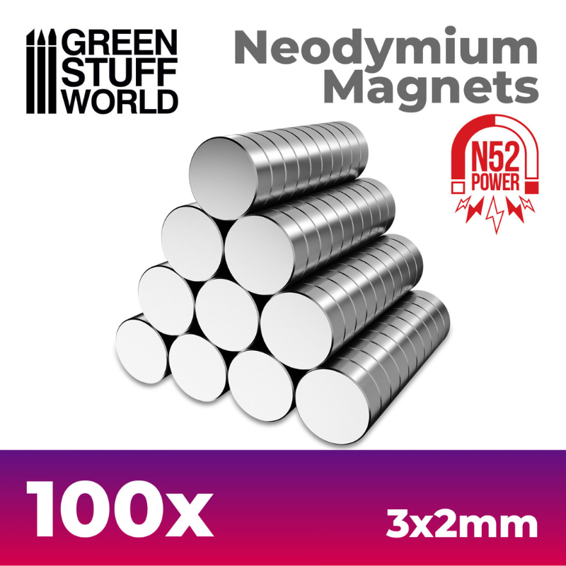 Green Stuff World 9264 – opakowanie Neodymium Magnets 3x2mm 100 szt. N52, magnesy neodymowe do podstawek plastikowych figurek
