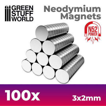 Green Stuff World 9264 – opakowanie Neodymium Magnets 3x2mm 100 szt. N52, magnesy neodymowe do podstawek plastikowych figurek
