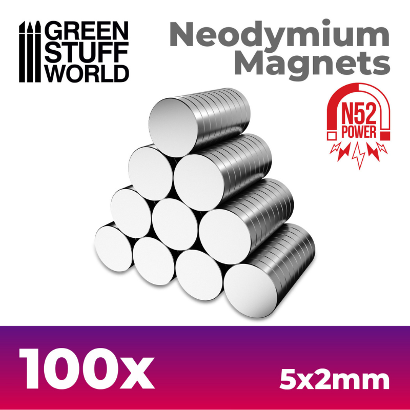 Green Stuff World 9265 – opakowanie Neodymium Magnets 5x2mm 100 szt. N52, magnesy neodymowe do podstawek metalowych figurek
