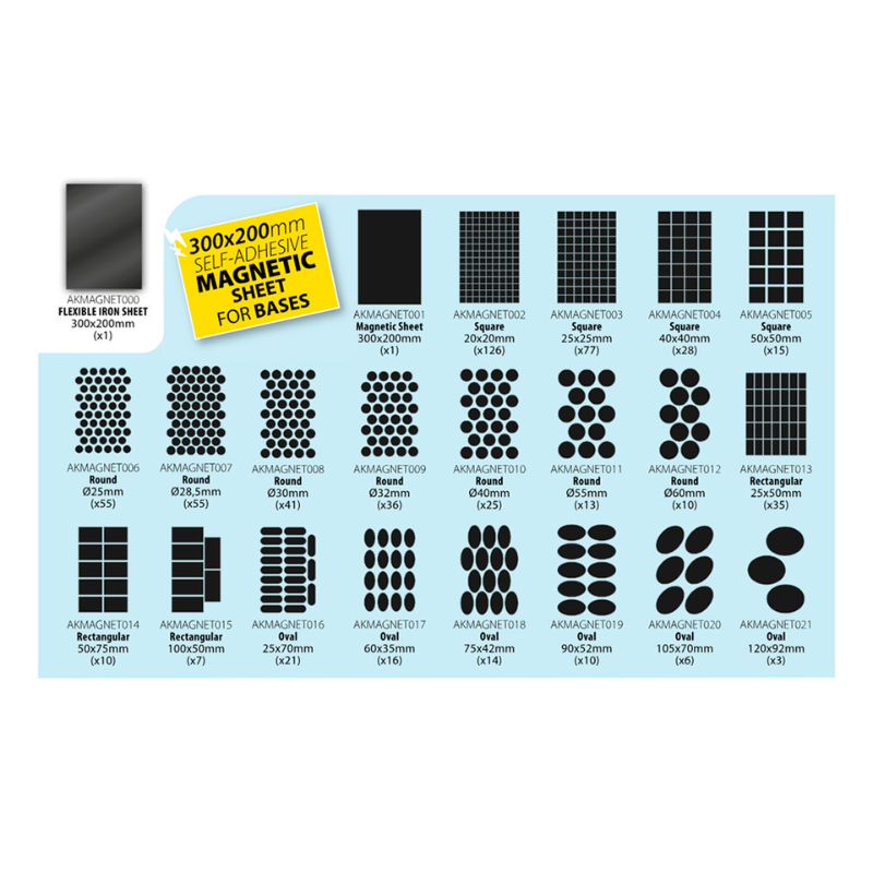 AK Interactive AK Magnets – wizualizacja wszystkich kształtów i rozmiarów magnesów do podstawek wargaming
