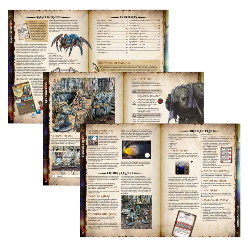 Battle Systems Maladum Dungeons of Enveron Deluxe Rulebook – podgląd wnętrza podręcznika, strony 4, bestiariusz i statystyki postaci

