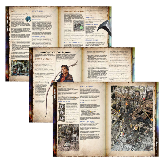Battle Systems Maladum Dungeons of Enveron Deluxe Rulebook – podgląd wnętrza podręcznika, strony 1, ilustracje i zasady gry
