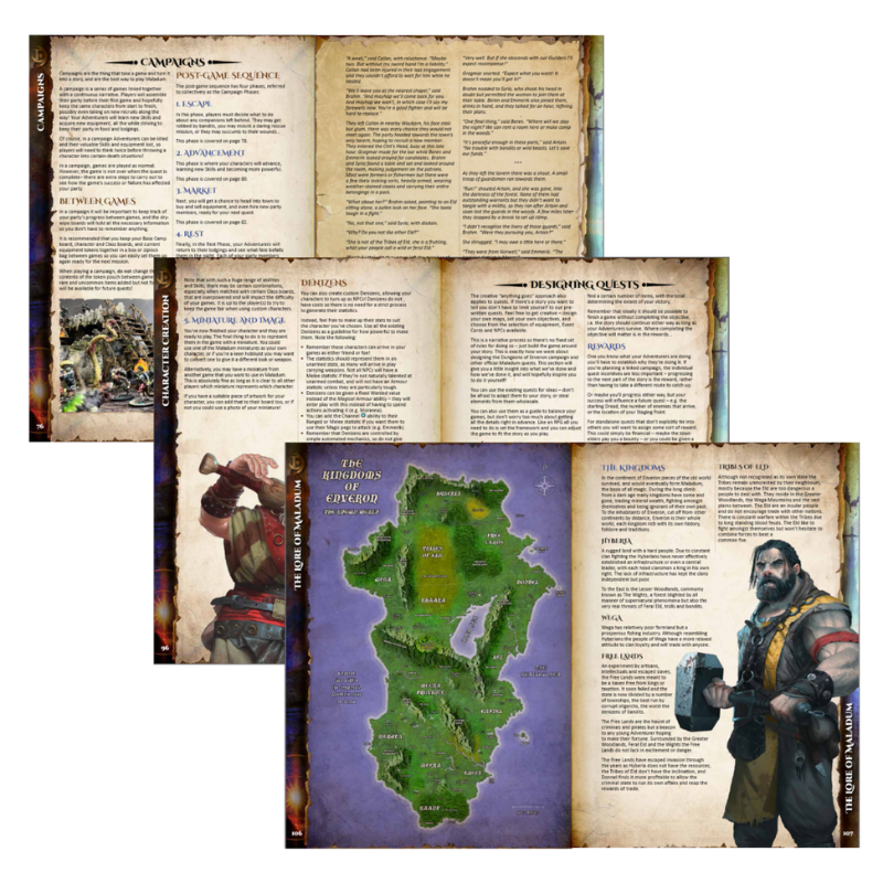Battle Systems Maladum Dungeons of Enveron Deluxe Rulebook – podgląd wnętrza podręcznika, strony 2, ilustracje i mechaniki gry
