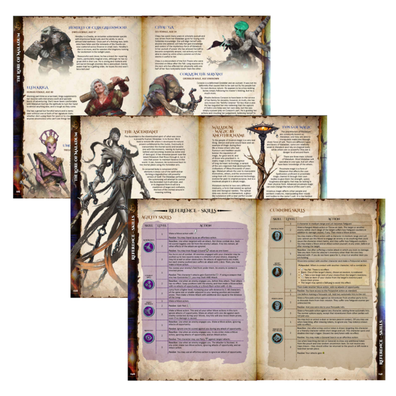 Battle Systems Maladum Dungeons of Enveron Deluxe Rulebook – podgląd wnętrza podręcznika, strony 3, mapy i opisy lochów
