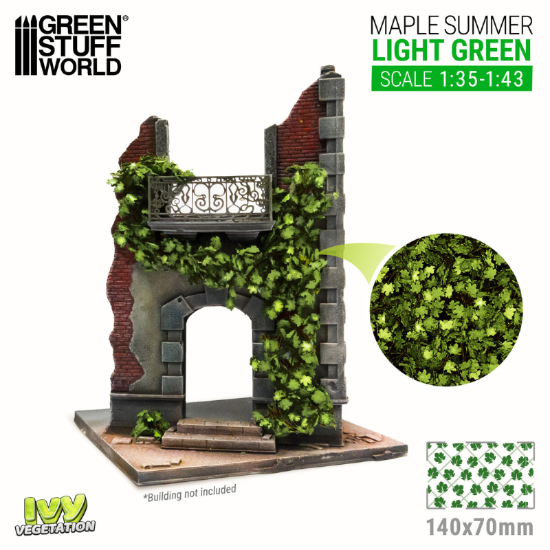 Ivy Foliage Light Green Maple Large GSW - arkusz 140x70mm z realistycznymi liśćmi klonowymi i przykład zastosowania na ruinach