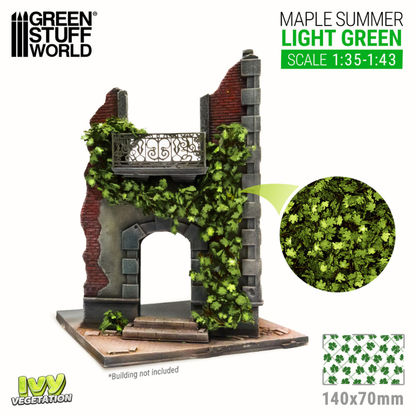 Ivy Foliage Light Green Maple Large GSW - arkusz 140x70mm z realistycznymi liśćmi klonowymi i przykład zastosowania na ruinach
