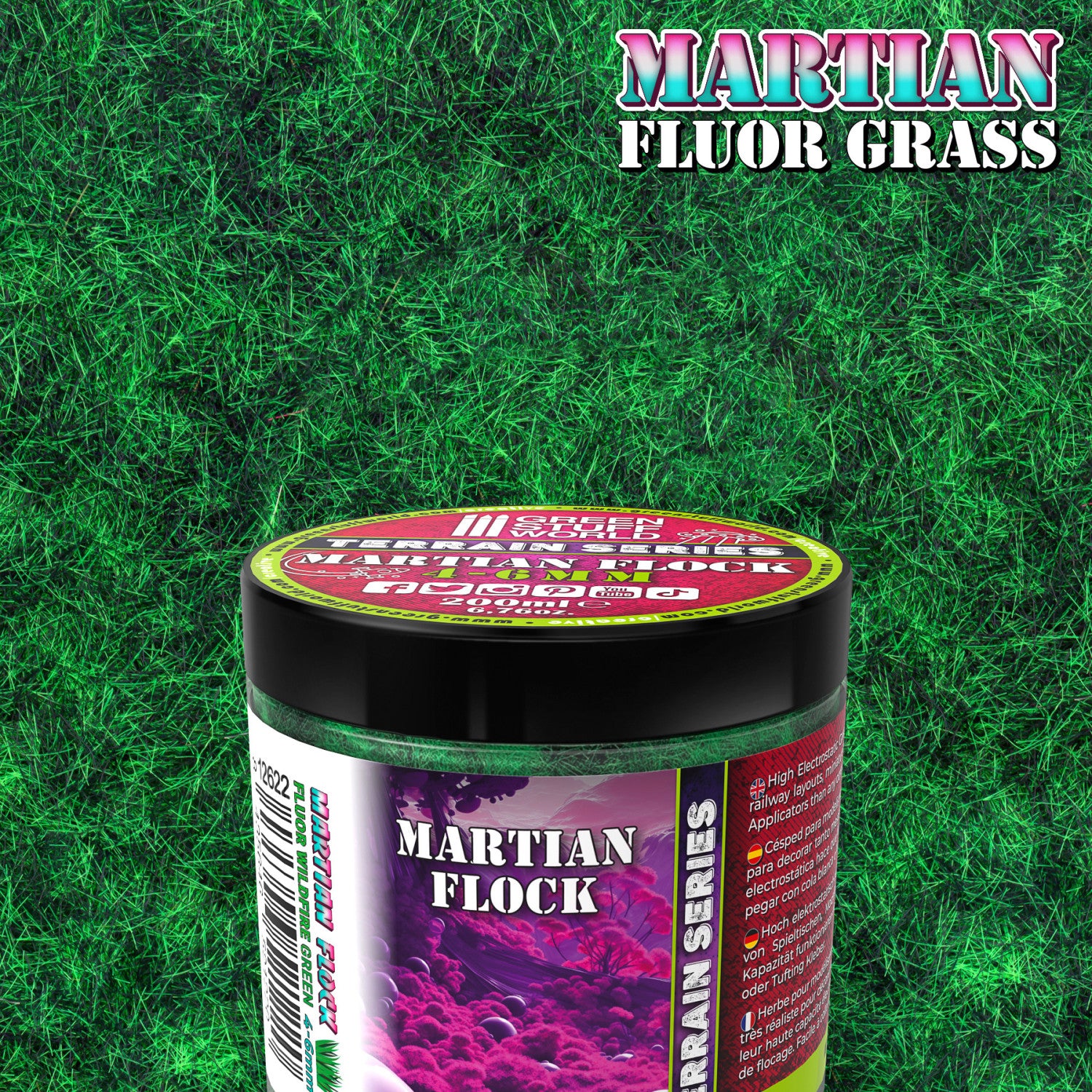 Martian Fluor Grass Wildfire Green 200ml Green Stuff World - słoik z fluorescencyjną trawą elektrostatyczną na tle trawy