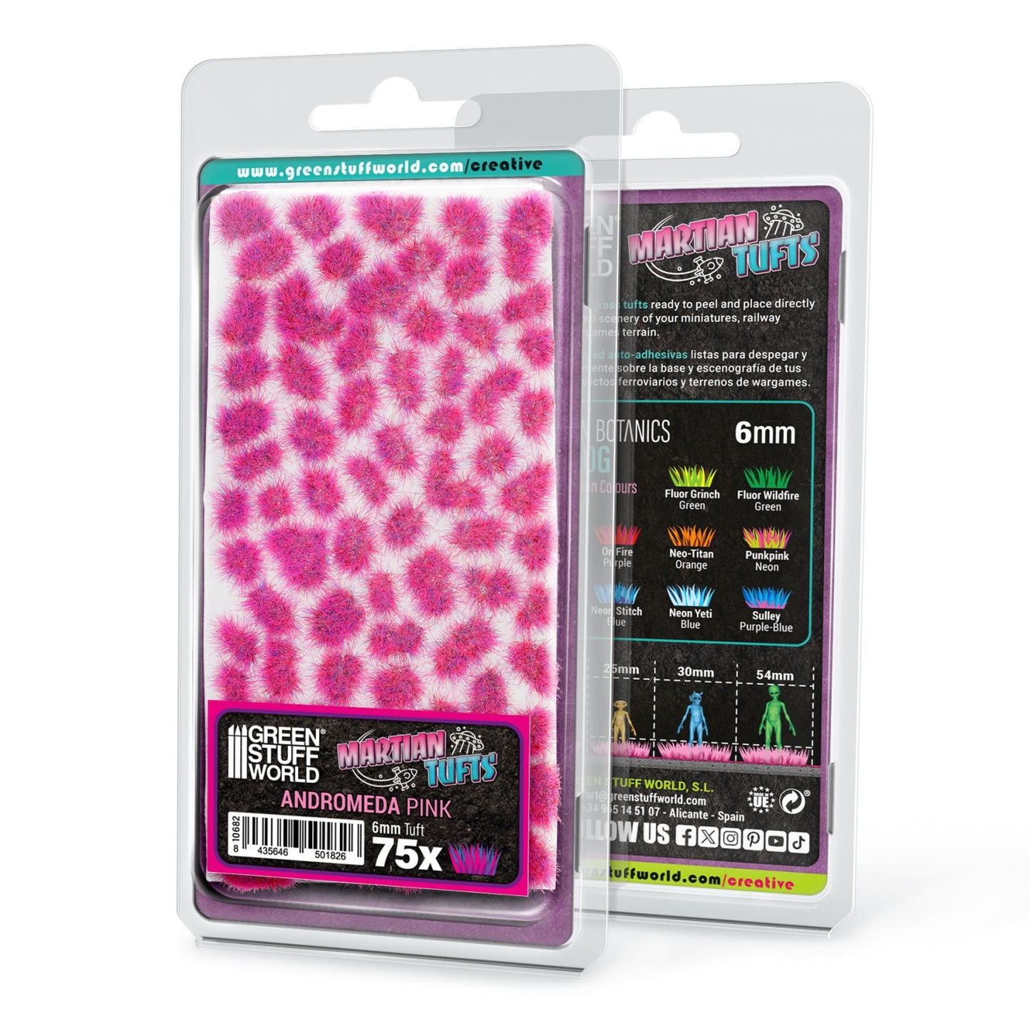 Martian Fluor Tufts 6mm Andromeda Pink Green Stuff World - opakowanie blister 75 sztuk serii Martian Tufts, widok z przodu i tyłu z opisem kolorów Botanics 6mm i skal 25mm 30mm 54mm

