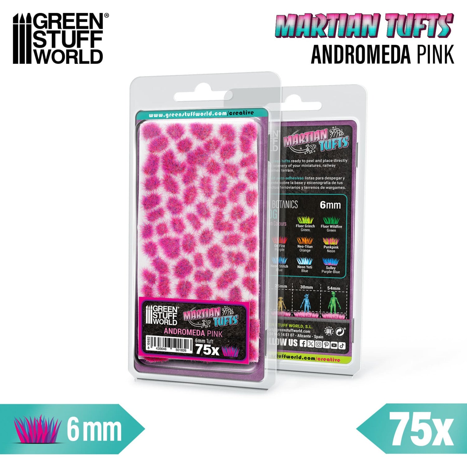 Martian Fluor Tufts 6mm Andromeda Pink Green Stuff World - opakowanie blister 75 sztuk serii Martian Tufts z opisem kolorów Botanics 6mm i skal 25mm 30mm 54mm, widok z przodu i tyłu
