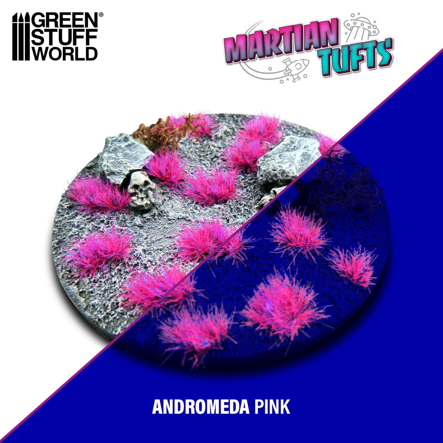 Martian Fluor Tufts 6mm Andromeda Pink Green Stuff World - porównanie wyglądu podstawki w świetle dziennym i UV: różowe kępki świecące neonem na ciemnym tle
