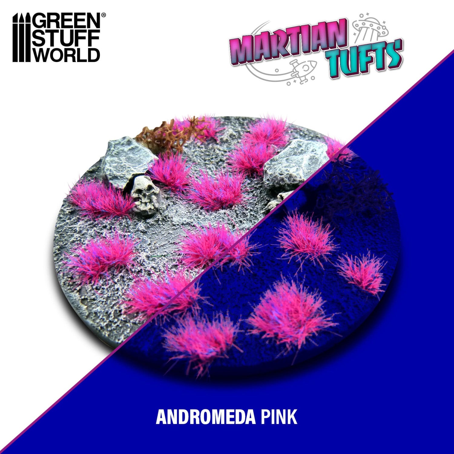 Martian Fluor Tufts 6mm Andromeda Pink Green Stuff World - porównanie wyglądu podstawki w świetle dziennym i UV: różowe kępki świecące neonem na ciemnym tle
